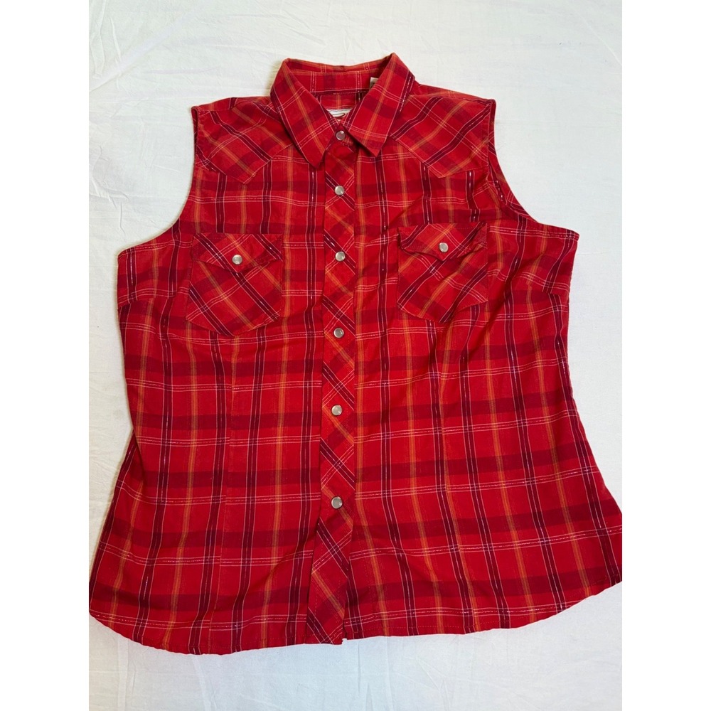 Vtg ROPER Red Plaid Pearl Snap Western Shirt~Womens M~Sleeveless Cowgirl Rodeo - Picture 7 of 14